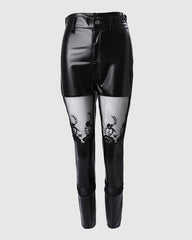 Lace-Trimmed Skinny Leather Mid-Length Leggings