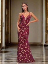 Spaghetti Straps Red Floral Sequin Dress