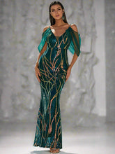 Cold Shoulder Sequin Graphic Prom Dress