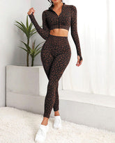 Leopard Zip-up High Waist Long Sleeve Trousers Two-piece Set