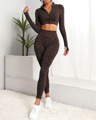 Leopard Zip-up High Waist Long Sleeve Trousers Two-piece Set