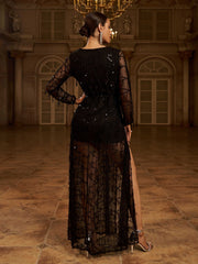 V-neck Wrap Hem Sequin Maxi Dress