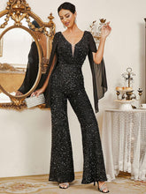 V-Neck Glitter Mesh Sleeve Jumpsuits