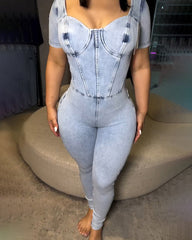 Short-Sleeved Back-Tie Skinny Denim Jumpsuit