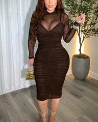 Pleated Mesh Long-Sleeved Bodycon Dress