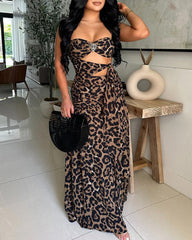 Leopard Print Bandeau Backless Dress