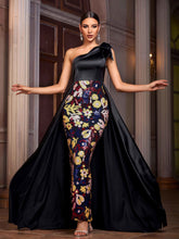 Black Sequin Floral Cape Prom Dress