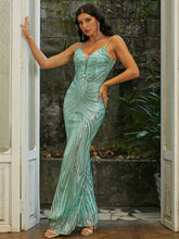 Formal Deep V Neck Spaghetti Sequin Evening Gown