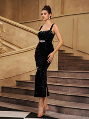 Black Sequin Beads Sheath Cocktail Dress SL30179