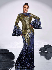 Backless Bell Sleeve Sequin Formal Dress