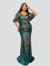 Plus V-neck Mermaid Sequin Green Dress