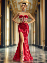 Red Panel Corset Satin Ruched Prom Dress
