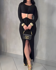 Long-Sleeved Slit Bodycon Mid Dress