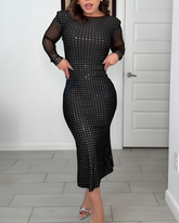 Sparkling Rhinestone Slim-Fit Long-Sleeve Dress