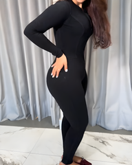 Front Zipper Butt Lifter Long Sleeve Denim Bodycon Jumpsuit