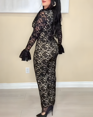 Long-Sleeved Lace V-Neck Bodycon Dress