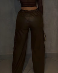 Cargo Style Wed-Leg Leather Pants