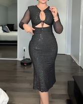 Sequin Hollow Tie Slim Long Sleeve Dress