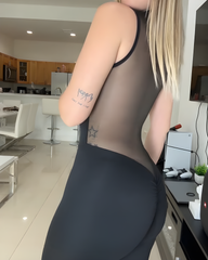 Front Zipper Lapel Mesh Slimming Bodycon Jumpsuit