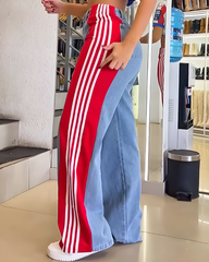 4-Stripes Patchwork Wide-Leg Denim Jeans