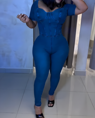 Short-Sleeved Back-Tie Skinny Denim Jumpsuit