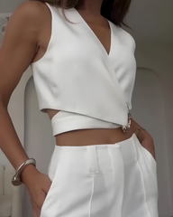 Cross-Over Slim-Fit Sleeveless Vest Wide-Leg Pants Set