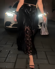 Lace Mesh Leather-Lined Skirt