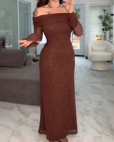 Off-the-Shoulder Shiny Flared Long-Sleeved Mesh Dress