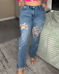 High-Waisted Ripped Frayed Straight-Leg Jeans