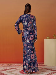 V-neck Floral Sequin Split Formal Dress