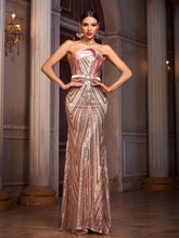 Strapless Colorblock  Mermaid Sequin Formal Dress With Belt