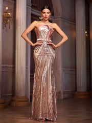 Strapless Colorblock Mermaid Sequin Formal Dress With Belt
