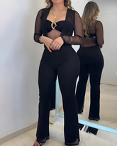 Long-Sleeved Mesh Slimming Flared Jumpsuit