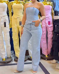 Sparkling Rhinestone Bandeau Denim 2-Piece Set
