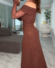 Off-the-Shoulder Shiny Flared Long-Sleeved Mesh Dress
