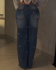 Shiny Beaded Slim-Fit Wide-Leg Jeans