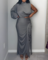 One-Shoulder Sleeve Ruched Slim Skirt 2-Piece Set
