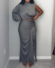One-Shoulder Sleeve Ruched Slim Skirt 2-Piece Set