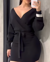V-Neck Tie-Up Long-Sleeved Dress