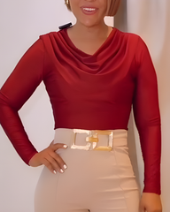 Draped Neck Long-Sleeved Top