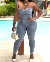 Bandeau Back Tie Slim Denim Jumpsuit