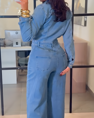 Long-Sleeved Wide-Leg Denim Jumpsuit