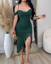 Off-the-Shoulder Mesh Ruffled Slit Slim Dress