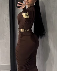 Long-Sleeved V-Neck Ruched Bodycon Dress