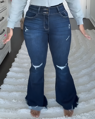 Double-Breasted High-Rise Slim-Fit Ripped Flared Jeans