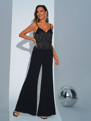 Spaghetti Straps Fringed Backless Black Jumpsuits