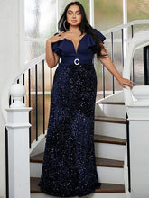 Plus Short Sleeve Sequin Belt Prom Dress