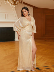 Plus Size V-neck High Split Sequin Gold Prom Dress