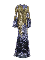 Backless Bell Sleeve Sequin Formal Dress