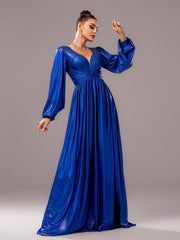 Blue V-neck Long Sleeve A-line Prom Dress